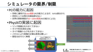 つくばチャレンジ説明会 2020-08-01
シミュレータの限界/制限
•PCの能力に起因
• 同時に運用するLidar個数 (PCの能力によるが、VLP16数台か?)
• 初回ヒット以降の光線追跡はない
• 世界の更新頻度が30～100Hz程度(PCの能力による)
•PhysXの実装に起因
• リンク質量比を大きくできない
• タイヤ形状(現在は球)
• タイヤ駆動トルクを大きくできない
• これらにより実機の正確な表現は難しい
• 脚型はおそらく無理 PhysXで駆動する
車輪型移動ロボット
目標回転数
回転数
加速度
角速度
 