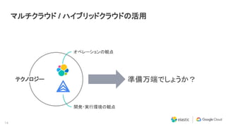 14
マルチクラウド / ハイブリッドクラウドの活用
オペレーションの観点
開発・実行環境の観点
準備万端でしょうか？テクノロジー
 