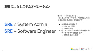 19
SRE による システムオペレーション
SRE ≠ System Admin
SRE = Software Engineer
オペレーション (運用) を
ソフトウェアエンジニアリングの問題と同様
に扱い信頼性の向上を実践する
● 作業効率を重視する
○ ツールの活用
○ 自動化の導入
● システム運用に最適かつ高信頼性の
アーキテクチャを検討・導入
○ 開発初期から実践
 
