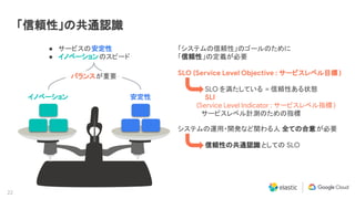 22
「信頼性」の共通認識
イノベーション 安定性
● サービスの安定性
● イノベーションのスピード
バランスが重要
「システムの信頼性」のゴールのために
「信頼性」の定義が必要
SLO (Service Level Objective : サービスレベル目標 )
SLO を満たしている = 信頼性ある状態
SLI
　　　　(Service Level Indicator : サービスレベル指標 )
　　　　　サービスレベル計測のための指標
システムの運用・開発など関わる人 全ての合意が必要
信頼性の共通認識としての SLO
 