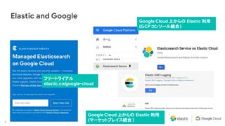 4
Elastic and Google
フリートライアル
elastic.co/google-cloud
Google Cloud 上からの Elastic 利用
(GCP コンソール統合)
Google Cloud 上からの Elastic 利用
(マーケットプレイス統合 )
 