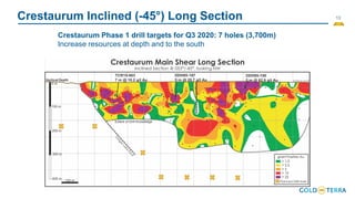 13
Crestaurum Inclined (-45°) Long Section
Crestaurum Phase 1 drill targets for Q3 2020: 7 holes (3,700m)
Increase resources at depth and to the south
NORTHSOUTH
 