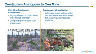 14
Crestaurum Analogous to Con Mine
Con Mine-Crestaurum
Comparison
▪ High-grade gold in quartz veins
with identical alteration
▪ Comparable shear zone (Con
shear zone)
(23)
Crestaurum Mineralization
▪ Multi-stage quartz veining within
sericite-chlorite alteration zones
that contain low to moderate
sulphides
 