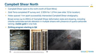 17
Campbell Shear North
▪ Campbell Shear open to the north (north of Giant Mine)
▪ Gold Terra completed IP survey and 2 DDH for 1,274m (see slide 15 for location)
▪ Holes spaced 1 km apart successfully intersected Campbell Shear stratigraphy:
Broad zones (up to 200m) of Campbell Shear deformation style and shearing, including
chlorite-carbonate-sericite alteration in multiple shears with presence of quartz-carbonate
veining; visible gold in one hole
▪ Drilling program starting in Q4
VG
 