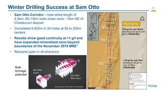 18
Winter Drilling Success at Sam Otto
TSO-054 240
Highlights
1.30 g/t Au over 50.6m,
(including 3.02 g/t Au over
9.0m) (TSO20-083)
1.39 g/t Au over 25m
(including 2.48 g/t Au
over 10.59m)
(TSO20-058)
See Sam Otto Vrify model on the website.
▪ Sam Otto Corridor – total strike length of
4.5km, 80-130m wide shear zone, ~3km NE of
Crestaurum deposit
▪ Completed 9.622m in 34 holes at 50 to 200m
centers
▪ Results show good continuity at >1 g/t and
have expanded mineralized zone beyond
boundaries of the November 2019 MRE1
▪ Remains open in all directions
Sam Otto
South
Sam Otto
Main Zone
Bulk
tonnage
potential
 