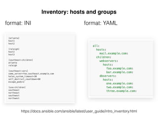 Inventory: hosts and groups
format: INI
https://docs.ansible.com/ansible/latest/user_guide/intro_inventory.html
format: YAML
 