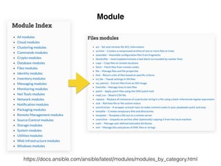 Module
https://docs.ansible.com/ansible/latest/modules/modules_by_category.html
 