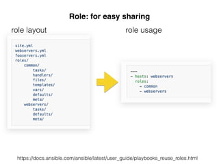 Role: for easy sharing
https://docs.ansible.com/ansible/latest/user_guide/playbooks_reuse_roles.html
role layout role usage
 