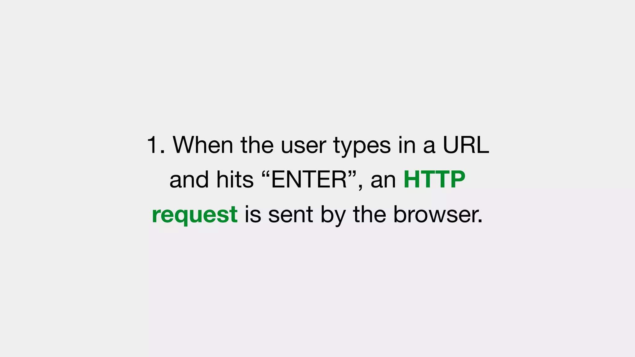 1. When the user types in a URL
and hits “ENTER”, an HTTP
request is sent by the browser.
 