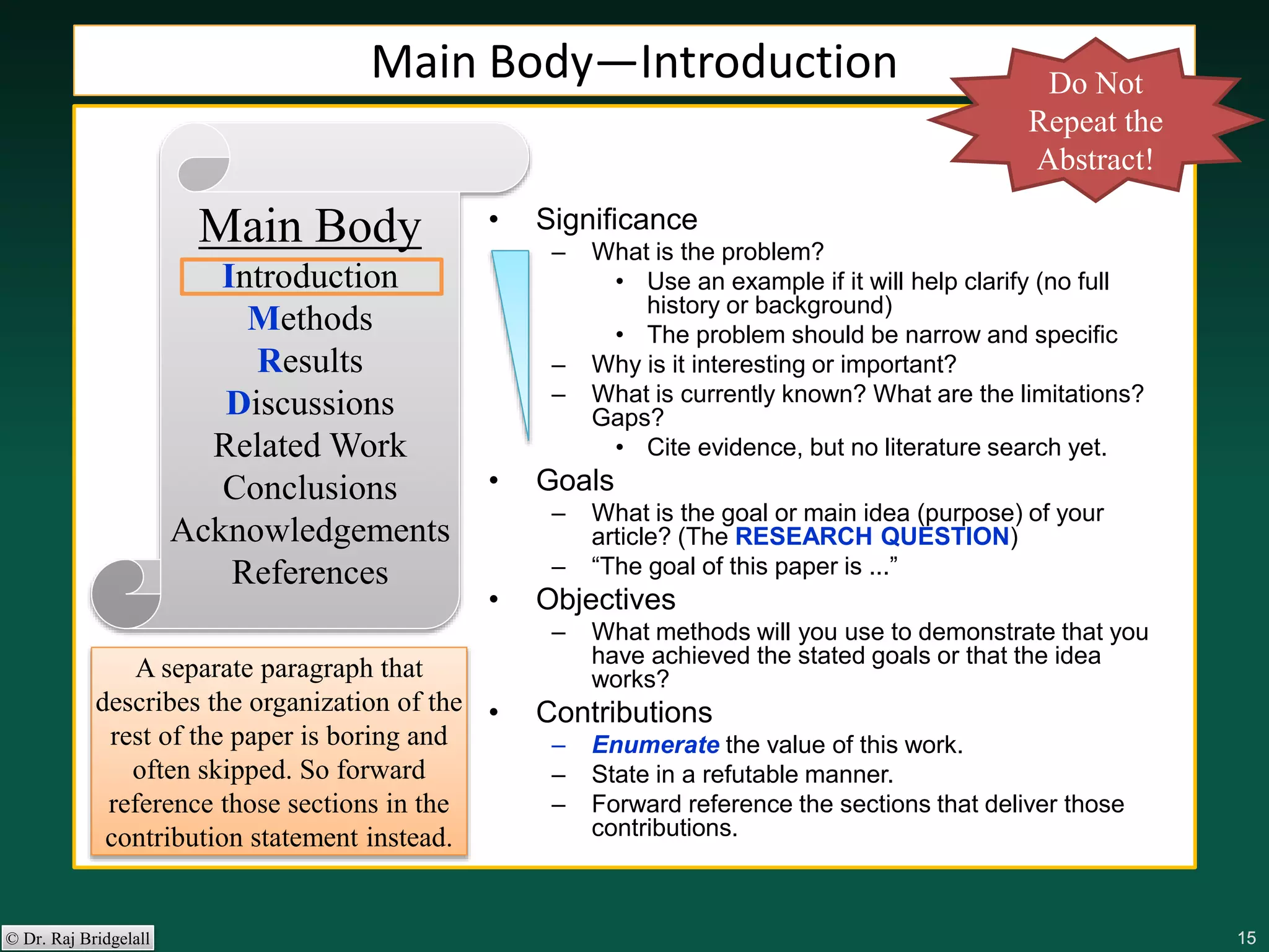 151515151515© Dr. Raj Bridgelall
• Significance
– What is the problem?
• Use an example if it will help clarify (no full
history or background)
• The problem should be narrow and specific
– Why is it interesting or important?
– What is currently known? What are the limitations?
Gaps?
• Cite evidence, but no literature search yet.
• Goals
– What is the goal or main idea (purpose) of your
article? (The RESEARCH QUESTION)
– “The goal of this paper is ...”
• Objectives
– What methods will you use to demonstrate that you
have achieved the stated goals or that the idea
works?
• Contributions
– Enumerate the value of this work.
– State in a refutable manner.
– Forward reference the sections that deliver those
contributions.
Main Body—Introduction
Main Body
Introduction
Methods
Results
Discussions
Related Work
Conclusions
Acknowledgements
References
Do Not
Repeat the
Abstract!
A separate paragraph that
describes the organization of the
rest of the paper is boring and
often skipped. So forward
reference those sections in the
contribution statement instead.
 