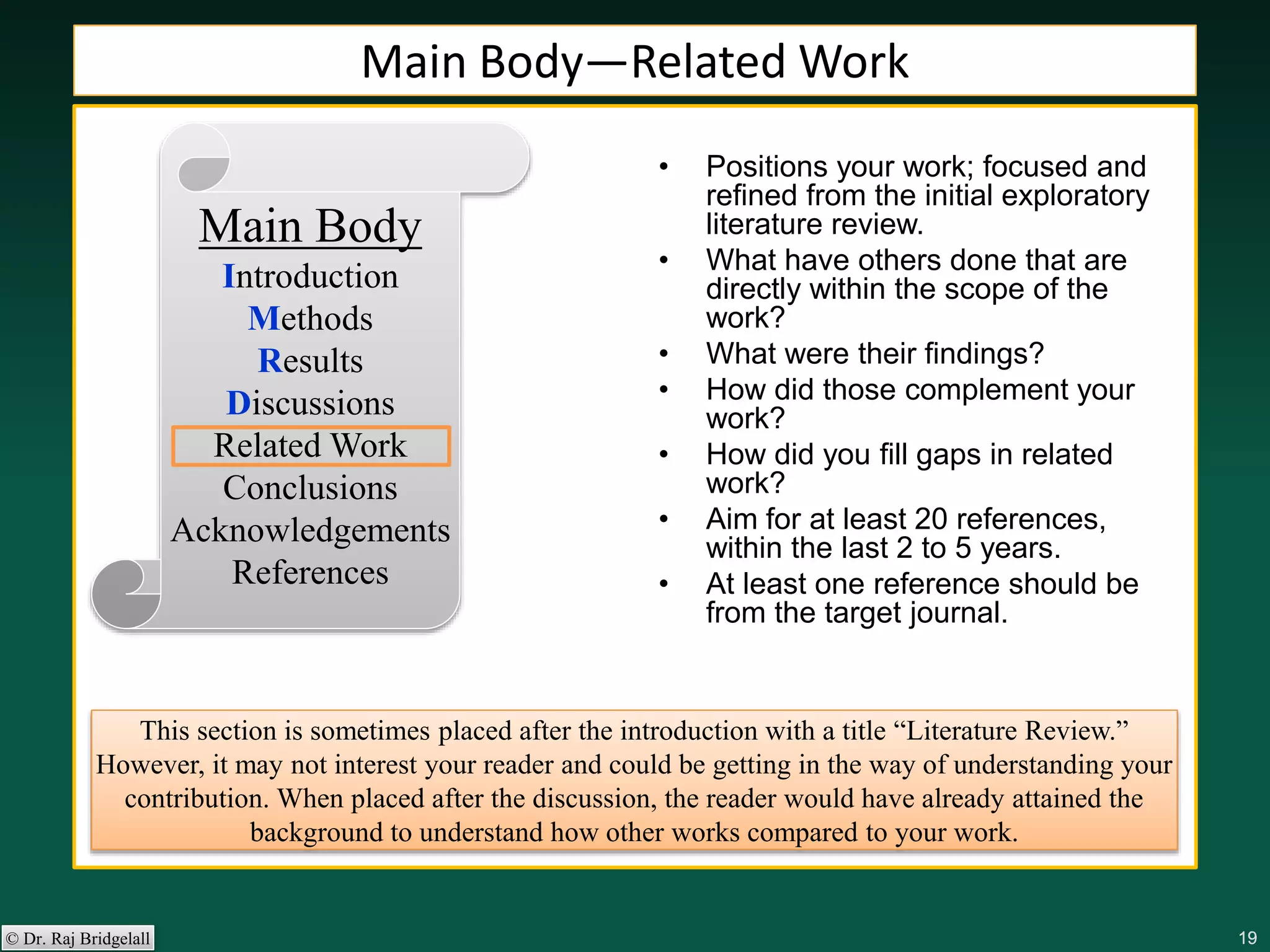 191919191919© Dr. Raj Bridgelall
Main Body
Introduction
Methods
Results
Discussions
Related Work
Conclusions
Acknowledgements
References
• Positions your work; focused and
refined from the initial exploratory
literature review.
• What have others done that are
directly within the scope of the
work?
• What were their findings?
• How did those complement your
work?
• How did you fill gaps in related
work?
• Aim for at least 20 references,
within the last 2 to 5 years.
• At least one reference should be
from the target journal.
Main Body—Related Work
This section is sometimes placed after the introduction with a title “Literature Review.”
However, it may not interest your reader and could be getting in the way of understanding your
contribution. When placed after the discussion, the reader would have already attained the
background to understand how other works compared to your work.
 