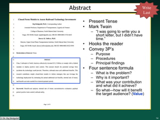 141414141414© Dr. Raj Bridgelall
• Present Tense
• Mark Twain
– “I was going to write you a
short letter, but I didn’t have
time.”
• Hooks the reader
• Convey 3P’s
– Purpose
– Procedures
– Principal findings
• Four sentence formula
– What is the problem?
– Why is it important?
– What was your contribution
and what did it achieve?
– So what—how will it benefit
the target audience? (Value)
Abstract Write
Last
 