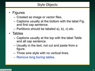 252525252525© Dr. Raj Bridgelall
Style Objects
• Figures
– Created as image or vector files.
– Captions usually at the bottom with the label Fig.
and first cap sentence.
– Partitions should be labeled a), b), c) etc.
• Tables
– Captions usually at the top with the label Table
and all cap sentence.
– Usually in the text, not cut and paste from a
figure.
– Three wire style with no vertical lines.
– Remove long boring tables.
 