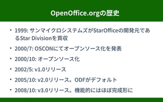 OpenOffice.orgΚsʷ

1999: ޥƥॺStarOffice_kԪǤ
Star DivisionI

2000/7: OSCONˤƥ`ץ󥽩`k

2000/10: `ץ󥽩`

2002/5: v1.0`

2005/10: v2.0`ODFǥե

2008/10: v3.0`CܵĤˤϤۤΤ
 