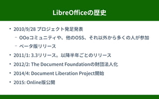 LibreOfficeΚsʷ

2010/9/28 ץȰkk
C OOoߥ˥ƥ䡢OSS⤫यˤμ
C ٩``

2011/1: 3.3`ԽꤴȤΥ`

2012/2: The Document Foundationؔⷨ˻

2014/4: Document Liberation Project_ʼ

2015: Online湫_
 