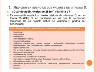 3. MEDICIÓN EN SUERO DE LOS VALORES DE VITAMINA D.
b. ¿Cuándo pedir niveles de 25 (oh) vitamina d?
 Es razonable medir los niveles séricos de vitamina D, en su
forma 25 (OH) D, en pacientes en los que la corrección
temprana de un posible déficit de vitamina D podría ser
beneficioso.
Tabla 5. Situaciones clínicas que justificarían la medición de los niveles séricos de vitamina D.
- Raquitismo.
- Osteomalacia.
- Osteoporosis.
- Enfermedad renal crónica.
- Insuficiencia hepática.
- Síndromes malabsortivos: fibrosis quística, enfermedad inflamatoria intestinal,
enfermedad de Crohn, cirugía bariátrica, enteritis por radiación.
- Hiperparatiroidismo.
- Uso crónico de algunos fármacos: anticonvulsionantes, glucocorticoides, antirretrovirales,
ketoconazol, colestiramina.
- Pacientes de piel oscura.
- Mujeres durante el embarazo y la lactancia.
- Pacientes mayores con historia previa de caídas o fracturas no traumáticas.
- Niños obesos o adultos con IMC > 30.
- Enfermedad granulomatosa: sarcoidosis, tuberculosis, histoplasmosis, coccidiomicosis,
beriliosis.
- Linfomas.
 