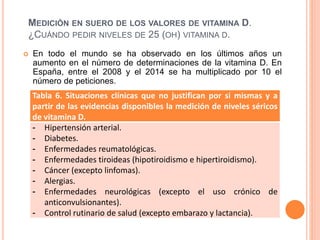 MEDICIÓN EN SUERO DE LOS VALORES DE VITAMINA D.
¿CUÁNDO PEDIR NIVELES DE 25 (OH) VITAMINA D.
 En todo el mundo se ha observado en los últimos años un
aumento en el número de determinaciones de la vitamina D. En
España, entre el 2008 y el 2014 se ha multiplicado por 10 el
número de peticiones.
Tabla 6. Situaciones clínicas que no justifican por si mismas y a
partir de las evidencias disponibles la medición de niveles séricos
de vitamina D.
- Hipertensión arterial.
- Diabetes.
- Enfermedades reumatológicas.
- Enfermedades tiroideas (hipotiroidismo e hipertiroidismo).
- Cáncer (excepto linfomas).
- Alergias.
- Enfermedades neurológicas (excepto el uso crónico de
anticonvulsionantes).
- Control rutinario de salud (excepto embarazo y lactancia).
 