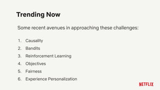 Some recent avenues in approaching these challenges:
1. Causality
2. Bandits
3. Reinforcement Learning
4. Objectives
5. Fairness
6. Experience Personalization
Trending Now
 