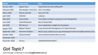 Upcoming Presentations
Month Presenter(s) Topic
January 2020 Gayatri Guru Sneak Peek into Azure Billing API
February 2020 Alex Apergis / Josh Hurn Life in CloudOps
March 2020 Valeriia Savenko Azure IoT 101
April 2020 COVID19 Isolation
May 2020 Jernej Kavka From Paper to Power using Azure Form Recognition
June 2020 Todd Whitehead Best of Build 2020
July 2020 Bill Chesnut Azure Application Insights for Developers
August 2020 Wagner Silveira A Lap Around API Management VS Code Extension
September 2020 Johannes Strydom Blazor’ing’ly simple secure app development with immutable infrastructure
October 2020 Ashish Sentinel Azure Sentinel (catchy title to come)
November 2020
December 2020 Various UNCONVENTION NIGHT!
Got Topic?
Send message on Meetup or email baug@outlook.com.au
 