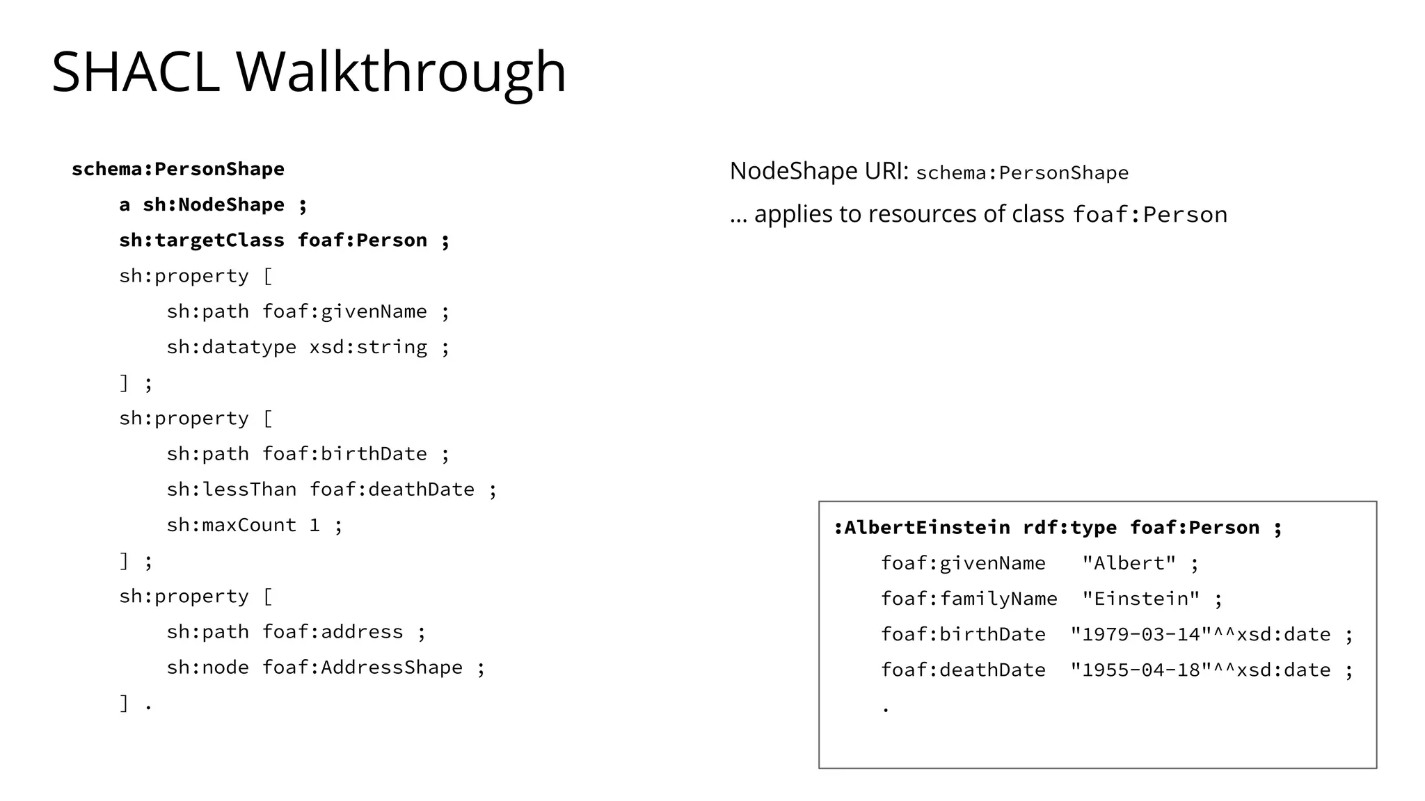 SHACL Walkthrough
schema:PersonShape
a sh:NodeShape ;
sh:targetClass foaf:Person ;
sh:property [
sh:path foaf:givenName ;
sh:datatype xsd:string ;
] ;
sh:property [
sh:path foaf:birthDate ;
sh:lessThan foaf:deathDate ;
sh:maxCount 1 ;
] ;
sh:property [
sh:path foaf:address ;
sh:node foaf:AddressShape ;
] .
NodeShape URI: schema:PersonShape
… applies to resources of class foaf:Person
:AlbertEinstein rdf:type foaf:Person ;
foaf:givenName "Albert" ;
foaf:familyName "Einstein" ;
foaf:birthDate "1979-03-14"^^xsd:date ;
foaf:deathDate "1955-04-18"^^xsd:date ;
.
 