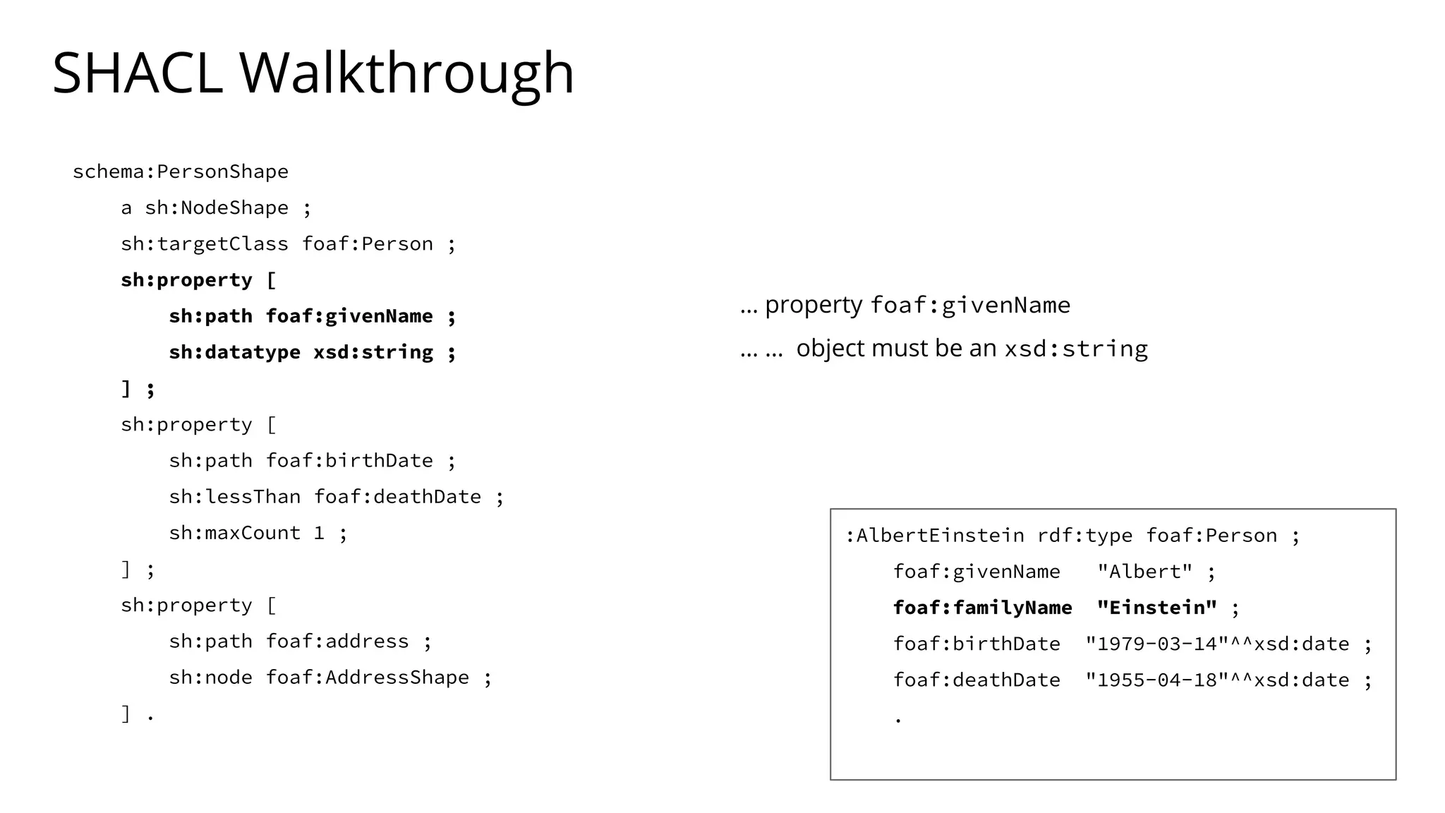 SHACL Walkthrough
schema:PersonShape
a sh:NodeShape ;
sh:targetClass foaf:Person ;
sh:property [
sh:path foaf:givenName ;
sh:datatype xsd:string ;
] ;
sh:property [
sh:path foaf:birthDate ;
sh:lessThan foaf:deathDate ;
sh:maxCount 1 ;
] ;
sh:property [
sh:path foaf:address ;
sh:node foaf:AddressShape ;
] .
… property foaf:givenName
… … object must be an xsd:string
:AlbertEinstein rdf:type foaf:Person ;
foaf:givenName "Albert" ;
foaf:familyName "Einstein" ;
foaf:birthDate "1979-03-14"^^xsd:date ;
foaf:deathDate "1955-04-18"^^xsd:date ;
.
 