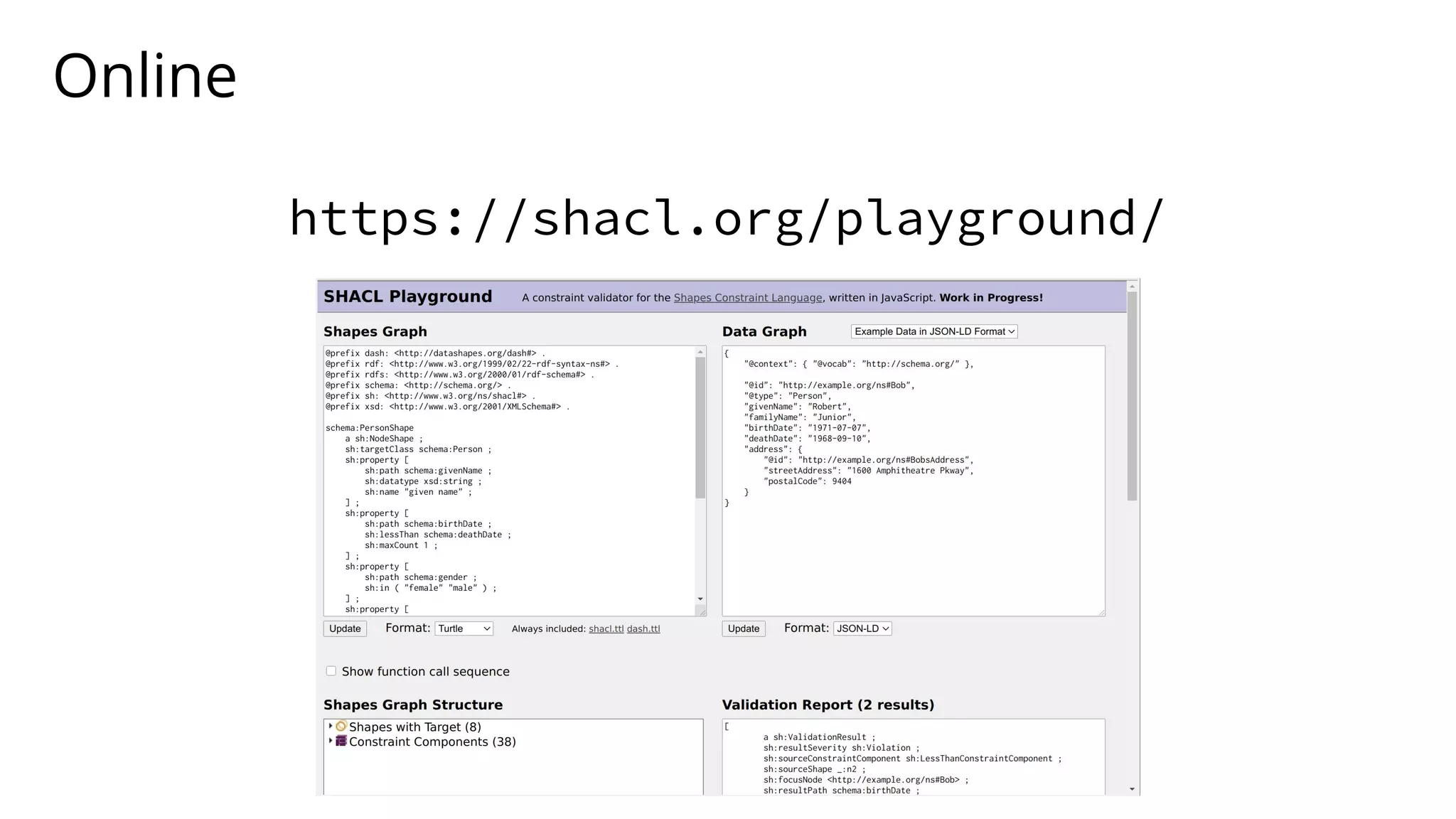 Online
https://shacl.org/playground/
 