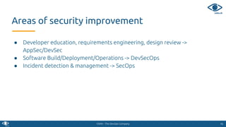 VSHN - The DevOps Company
● Developer education, requirements engineering, design review ->
AppSec/DevSec
● Software Build/Deployment/Operations -> DevSecOps
● Incident detection & management -> SecOps
1616
Areas of security improvement
 