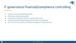 VSHN - The DevOps Company
● compute resources billable by project
● self-service-onboarding possible
● autoscaling, scale-down dev envs outside oﬃce hours
● vendor procurement/due diligence/certiﬁcation management
● SLA, 24x7, service process, escalation management clearly deﬁned
5353
IT governance ﬁnancial/compliance controlling
 