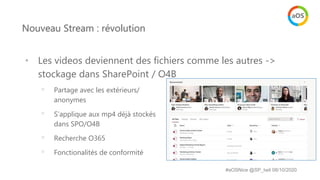 Nouveau Stream : révolution
• Les videos deviennent des fichiers comme les autres ->
stockage dans SharePoint / O4B
◦ Part...