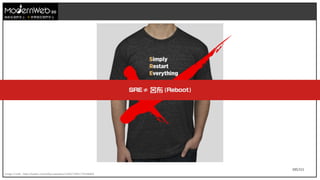 105/111
技術在我們手上 世界就在我們手上
Image Credit : https://twitter.com/reillyusa/status/1260272851778768903
SRE≠ 呂布 (Reboot)
 