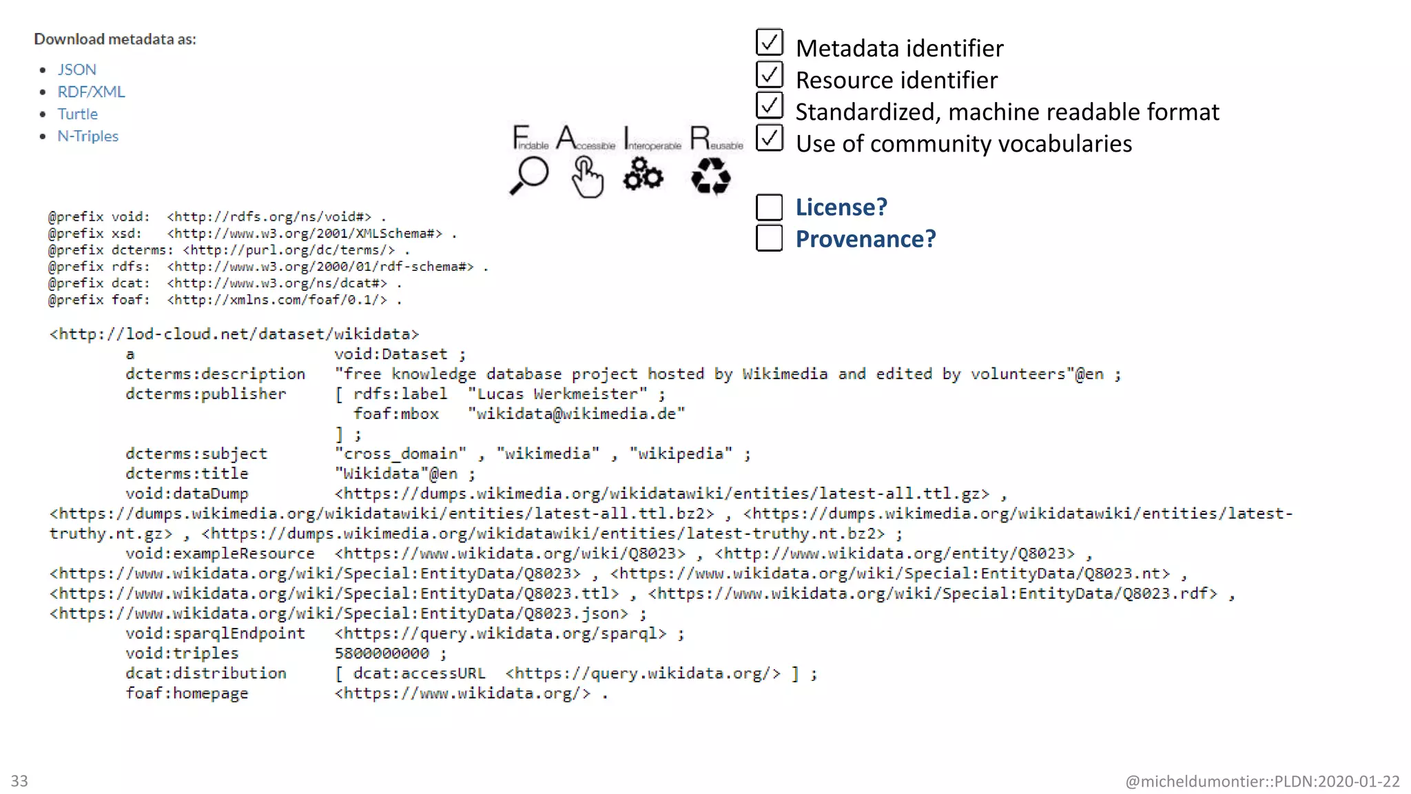@micheldumontier::PLDN:2020-01-2233
Metadata identifier
Resource identifier
Standardized, machine readable format
Use of community vocabularies
License?
Provenance?
 