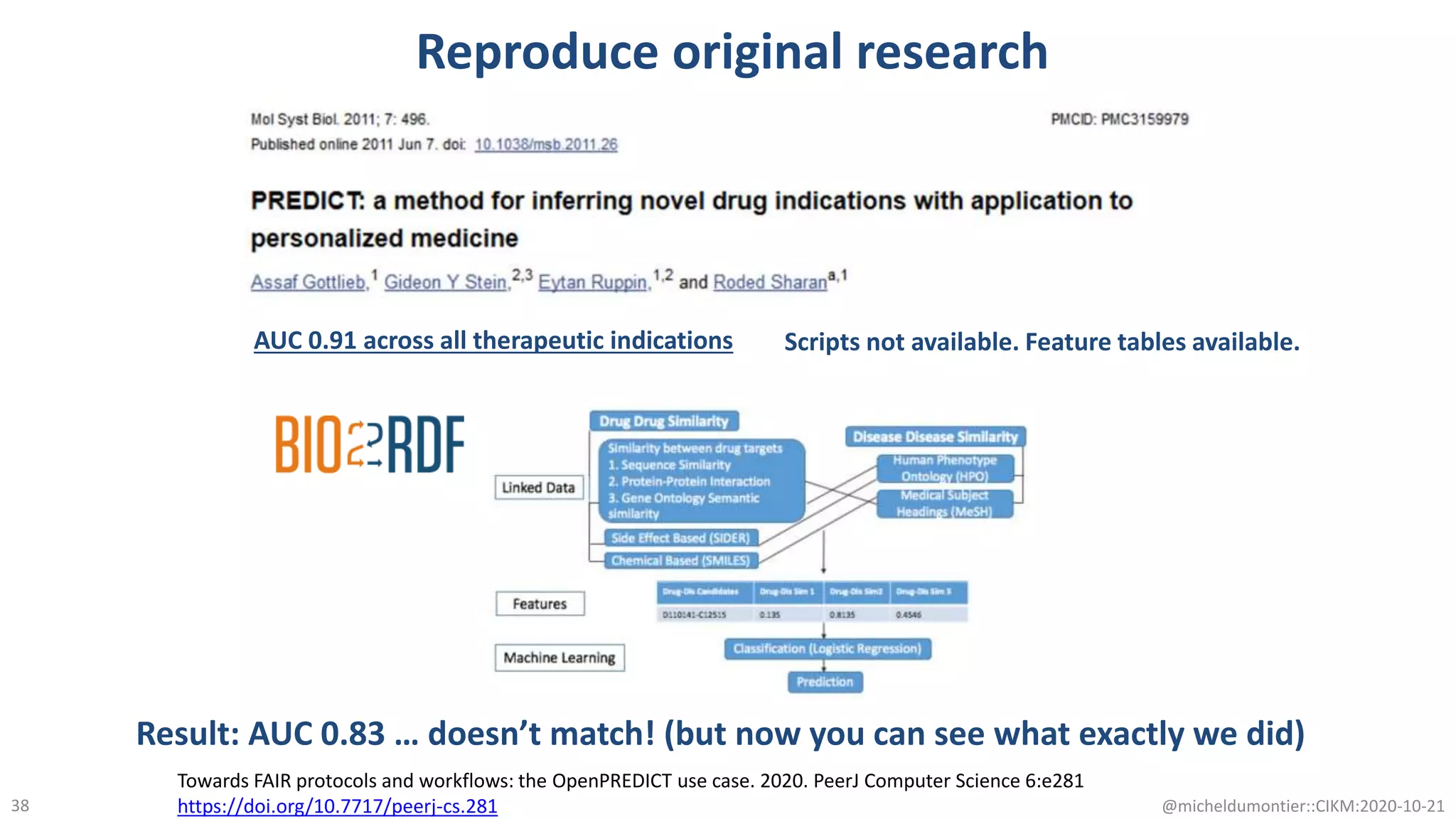 Reproduce original research
@micheldumontier::CIKM:2020-10-2138
AUC 0.91 across all therapeutic indications Scripts not available. Feature tables available.
Result: AUC 0.83 … doesn’t match! (but now you can see what exactly we did)
Towards FAIR protocols and workflows: the OpenPREDICT use case. 2020. PeerJ Computer Science 6:e281
https://doi.org/10.7717/peerj-cs.281
 
