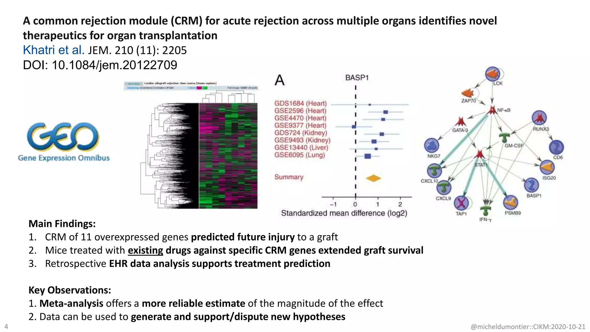 4
A common rejection module (CRM) for acute rejection across multiple organs identifies novel
therapeutics for organ transplantation
Khatri et al. JEM. 210 (11): 2205
DOI: 10.1084/jem.20122709
@micheldumontier::CIKM:2020-10-21
Main Findings:
1. CRM of 11 overexpressed genes predicted future injury to a graft
2. Mice treated with existing drugs against specific CRM genes extended graft survival
3. Retrospective EHR data analysis supports treatment prediction
Key Observations:
1. Meta-analysis offers a more reliable estimate of the magnitude of the effect
2. Data can be used to generate and support/dispute new hypotheses
 