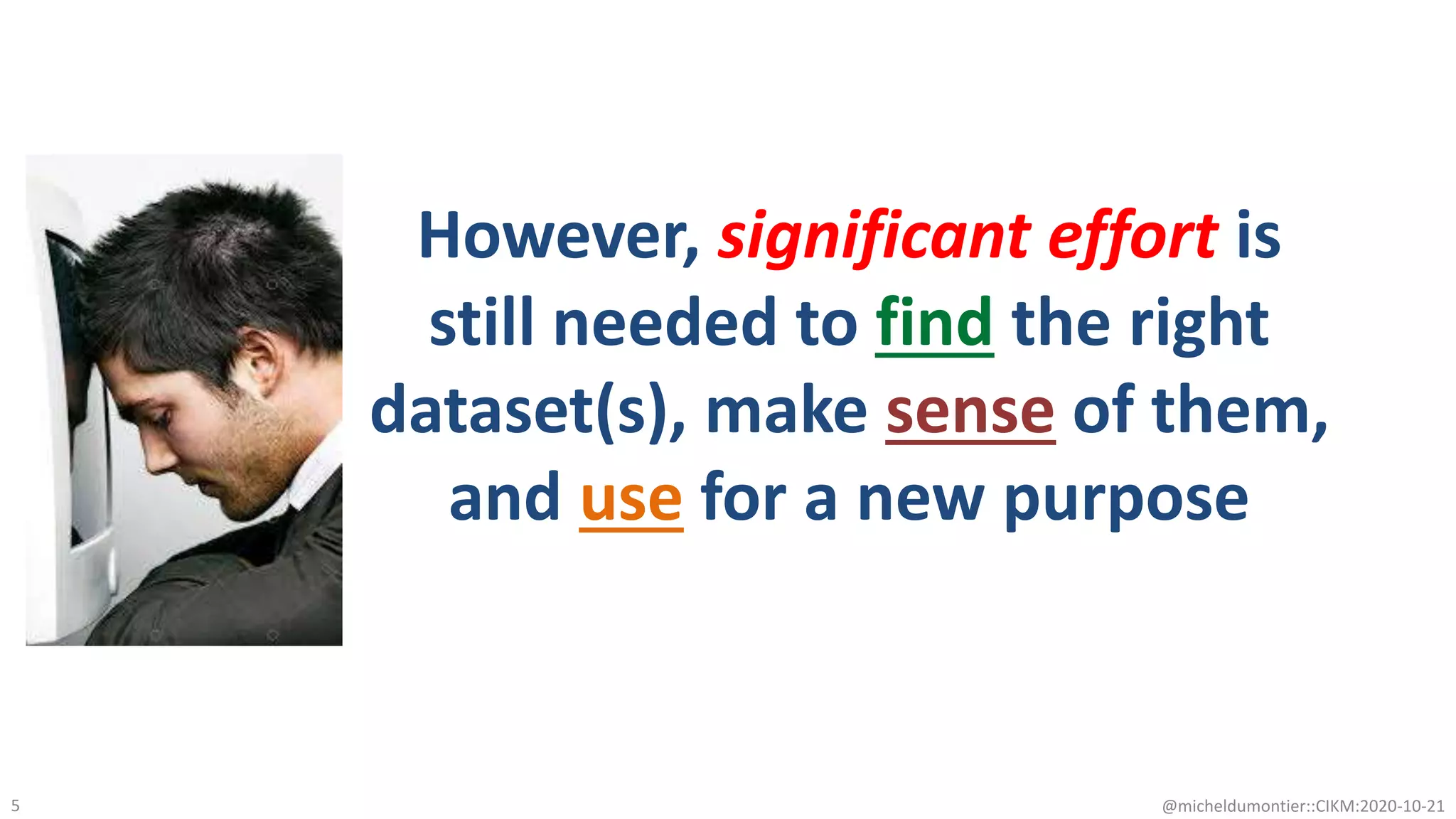 However, significant effort is
still needed to find the right
dataset(s), make sense of them,
and use for a new purpose
@micheldumontier::CIKM:2020-10-215
 