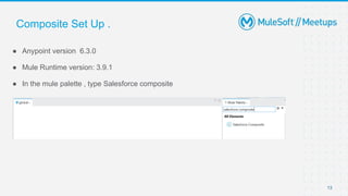 13
● Anypoint version 6.3.0
● Mule Runtime version: 3.9.1
● In the mule palette , type Salesforce composite
Composite Set Up .
 