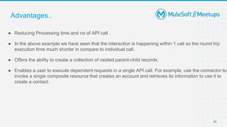 20
● Reducing Processing time and no of API call .
● In the above example we have seen that the interaction is happening within 1 call so the round trip
execution time much shorter in compare to individual call.
● Offers the ability to create a collection of nested parent-child records.
● Enables a user to execute dependent requests in a single API call. For example, use the connector to
invoke a single composite resource that creates an account and retrieves its information to use it to
create a contact.
Advantages..
 