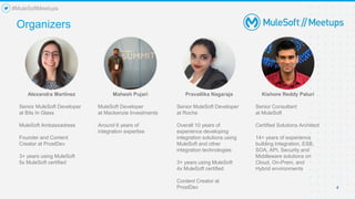 4
Organizers
#MuleSoftMeetups
Alexandra Martinez
Senior MuleSoft Developer
at Bits In Glass
MuleSoft Ambassadress
Founder and Content
Creator at ProstDev
3+ years using MuleSoft
5x MuleSoft certified
Mahesh Pujari
MuleSoft Developer
at Mackenzie Investments
Around 6 years of
integration expertise
Pravallika Nagaraja
Senior MuleSoft Developer
at Roche
Overall 10 years of
experience developing
integration solutions using
MuleSoft and other
integration technologies
3+ years using MuleSoft
4x MuleSoft certified
Content Creator at
ProstDev
Kishore Reddy Paluri
Senior Consultant
at MuleSoft
Certified Solutions Architect
14+ years of experience
building Integration, ESB,
SOA, API, Security and
Middleware solutions on
Cloud, On-Prem, and
Hybrid environments
 