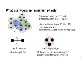 What is a hypergraph minimum s-t cut?
31
s
t
Should we treat the 2/2 split
differently from the 1/3 split?
Historically, no. [Lawler 73, Ihler+ 93]
More recently, yes.
[Li-Milenkovic 17, Veldt-Benson-Kleinberg 20]
edge in a graph size-3 hyperedges
“Only one way to split a triangle”
[Benson+ 16; Li-Milenkovic 17; Yin+ 17]
Must be split 1/1.
 