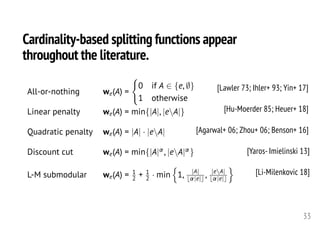 Cardinality-based splitting functions appear
throughout the literature.
33
[Lawler 73; Ihler+ 93; Yin+ 17]
[Hu-Moerder 85; Heuer+ 18]
[Agarwal+ 06; Zhou+ 06; Benson+ 16]
[Yaros- Imielinski 13]
[Li-Milenkovic 18]
<latexit sha1_base64="gX/87S67KKdqKR6T9Qjl8vcDiHo=">AAAJt3icfVZbb9s2FHbTrau9W7s97oVd4qHbZMdOl7UZUCDBimIFWqxd0gsQehklHVmESVElqdoewx/aX7MdynJrO2n1YFHk+b5zP3RcCm7sYPD2ytbVTz699tn1dufzL7786usbN795YVSlE3ieKKH0q5gZELyA55ZbAa9KDUzGAl7Gk9/D+cs3oA1XxYmdlzCSbFzwjCfM4tbZzS1NYxjzwlkWV4Jp74TwHUKOhOgp3SuUzXkxJj+QHfpmega3j34k90kDSVCv8WSAp9TCzDqekZ0jQnlBqIOIUJClnRuw1O94QikZvpNEWtBTbsBTKNKGaYeg0OkvUo7QgMfoENOkhIIJO980QNY6yPnReUTOAQ1iycQIZnJydE6oJzsrTM8qlmp0N/kA2XmAJKmym0SrJA+4SVRVWJJU9sPG/E2ZKHN20abmYGHaqpe9J8RUsVRpCP4mcaZZ4obe7Xny89pXbW6tmArIcOWGUSNABabbEkyDDgvvCBWZUEqTpQkLAWgE8FUf+w0CWLX/HdnHuRoq4tFFzce5bfzt1EleVljn7Mb2oD+oH3JxMWwW263meXp281pEU5VUEgqboEXmdDgo7cgxjVkV4Du0MlCiuWwMp7gsmAQzcnV3eNLFnZRkaFemQgLDbmcVgjyazddYlsbO1ndjpSZ4Yvwa/jQ0nykqGYOGNNKVgBSNE2Oluc3lHmyIVza7N3K8KCsLRbIwMKsEsYqEFiUp15BYMSfrVlo++TcqeAIhTRGTRjKbRyUPXkWSTSCB0LsBEkQFjzXT8+CcmpooZHOssYRTE5XMWtCFQZTVfBaZnJVgoozbKGEiCd9pwJRCWcn0xHyItS/BMjysYyrAupMqs/AXpN5hJG7dG9yKBepdlcDGH2uAwrv6FWSmObewIROLCrwLvysSnS7JrS3Nb7u7OEX6xiI3zJKcFWPoJ0ruvq7AhLlmdoe/7h/sHewakBwrM8b2l70pZqMXnOjxohfjkARdy925u714dWgII8MhGuLToWOhYiawxSwNsEMoTKXhMFUCS+MQR2iiUrhPNQg2W2Lrybae75PhyIUkhWSvZfTpyTErQnA1FDBFByTDPqEZk1zMU8hYJULPmWy5Xi8Ik4UK8J3uqjKDGYT0/qB/ECU4HyxGmwlsBlRgZyYLFOtOIjct7CxQHS7Azvx0il24P/KbTj0AbD8Nx3MZK/EQXXILFuPdn08ee1cEFZJ7J73jaC49BnuZMG6km5C4gTQ6AuC4ijGdtgopvVzBpobjh09CSJYKToZr4XPxzDsj3isJwgu0e4SSIQb1YPPvTf3n0UbU07EAnuS9RewvO8FEGxw865NDBprVLMtjPpaoiS6qKtA5GktHF/v+QlnIx3itp5chmgO/ruInOouZPsXio3msZo6+Cb/dDs3DhCI51BN60L+7X1rSJSc5EJbYigmCsA6d4IQY9Pf2YdYly6cb7kHLigRIDHaK/RtkCSojpg5jZ6Gqi1dbTdAb9Icgu0v0ca40Rif8o1AFwaIi9fVleAoBseLX9tC/I8Gr4c5HSRZ3Tc2CQfB4vww3b5OLixd7/eF+f/Bsb/vwXnPTXG991/q+dbs1bN1tHbb+aD1tPW8lW2+3/rt6/Wq7fdA+a2ftfCG6daXBfNtae9qv/wf+EGQx</latexit>
All-or-nothing we(A) =
(
0 if A 2 {e, ;}
1 otherwise
Linear penalty we(A) = min{|A|, |eA|}
Quadratic penalty we(A) = |A| · |eA|
Discount cut we(A) = min{|A|↵ , |eA|↵ }
L-M submodular we(A) = 1
2 + 1
2 · min
n
1, |A|
b↵|e|c , |eA|
b↵|e|c
o
 