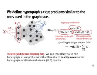 43
We define hypergraph s-t cut problems similar to the
ones used in the graph case.
t
𝜀𝛼dj
r
j
s
𝛼dr
R
minimize
S⇢V
HLCR,"(S) =
cutH(S)
volH(S  R) "volH(S  ¯R)
cutH(S) = cut from C-B splitting function
volH(X) =
X
i2X
X
e2E
1 = sum of hypergraph deg
<latexit sha1_base64="1b3WAyFb1xHR0eMss1XSCe103wc=">AAAInXicfVVtb9s2EHayrfW0l7brx30Yu9RDW9iOnS5rsiJAsL6gBdIti9M2QGh4lHSyCJOSSlKJU4L/c/szw46S09hOMgK2+HL3POTD411YCK5Nr/fPyupnn39x42bzy+Crr7/59tbtO9+903mpIngb5SJXRyHTIHgGbw03Ao4KBUyGAt6Hk2d+/f0JKM3z7NCcFTCUbJzxhEfM4NTozsoHKnnGJf8IIzsgVJehBkPeOfqUPg2ogakJE/tq75kb2YM2PWEKCs1FnrkHg4fkpx0S0ESxyFaWNiqNG1HJTBoxYV95G2dJvXaSi6U1GrGCHDwkHTKHe601qcxpyJQ9cA8dofR4S8phcC2z392nRZKoXJJnnd+IRlmN4dmYJGUWeRUqrI0LrEvcRzWWLuXIckJ5Ro5cPYJq9MKRPjknw3mSJyRFsdVYsSIlMYwVgCZoef/ovhvdXut1e1Ujlzv9WWetMWv7ozs37tI4j0oJmYkE0/q43yvM0DJleCTABbTUULBowsZwjN2MSdBDWwWHIy2ciUmSK/xlhlSzwbwL4ih2toBiDQtLwdR0cTbM8wmuaBcEi5wm2RpanhWlgSyqKZNSEJMTH3Mk5goiI87IIq/hk4/tjEfgI6jNpPaStwvu99k2k4+dSr62ZBOIQIiLqXpX3l3wUDF15o+Qn+p2iMhjlZdZrNsFMwZUptHfKD5t65QVoNsJN2281siPY+9TiNxIpib6OtSuBMNwsVJOgLGHZWLgAGJnFcT3tnr3QoG88xYmra48c7b6eJvTlBtYsglFCc76/zmLoEVSYwr96/o6xlNXG8SGaZSybAzdKJfrH0rQPmz1ev+Xze2N7XUNkuMbD/FJy84pN2nHH6LDs06ImQBUZff4yVr9CagXlGGm8PoEdCzykAmKQ+rddiHTpYLdOBcYALuYJ6I8hh2qQLDpuW+Om18MouPD/tD6i/MBsHDL+4cDlnlxFWRwigeQLIstTZjk4iyGhJXCOEt1ct5fDBKd+KhwQWueTOMNQrzT6263I0xfBtVmAkMeCcxUJx5i8ZCITTMz9VC7tbPVj47xrW0O3fKhngM+MgWDMxnm4iUeydYo2tk/3uw5m3kKyZ2VznLcLh2AucoYJ+Jll3DmMuPwDgPMuJi4S3+lVxMsMwxevvGSnBMc9hfks+HUWS0uSLxx7W1fo6XXgIkiZe5iq3+9XlI9HgvgUdqptb9qBS9aY3pZzA/Sw8zfshzwsUQmWkeVh7M0lJbW8+5SWMg9rF3xVR6zBbdI8YhOsSIcY/DRNMynlp74/1ZAU1UKICnwcWowuz7ZLAxpkcMUCItMyQRBt4BOMEP0uhubMG2R89Yiz7HusiwCEoI5xffrbQmSEV3JGNRUrYCQCqDT6/ZBts69B2muUB1fYbCcYVARAYkhmsfgPebOtdZ3n0CwADz+XxBVnaRCcV4FLCP95aJxufNuo9vH7f3589ru1qygNBvfN35sPGj0G08au41Xjf3G20a08vfKv6s3V5vNH5ovmnvN32vT1ZWZz93GQmu+/w8XFAmq</latexit><latexit sha1_base64="1b3WAyFb1xHR0eMss1XSCe103wc=">AAAInXicfVVtb9s2EHayrfW0l7brx30Yu9RDW9iOnS5rsiJAsL6gBdIti9M2QGh4lHSyCJOSSlKJU4L/c/szw46S09hOMgK2+HL3POTD411YCK5Nr/fPyupnn39x42bzy+Crr7/59tbtO9+903mpIngb5SJXRyHTIHgGbw03Ao4KBUyGAt6Hk2d+/f0JKM3z7NCcFTCUbJzxhEfM4NTozsoHKnnGJf8IIzsgVJehBkPeOfqUPg2ogakJE/tq75kb2YM2PWEKCs1FnrkHg4fkpx0S0ESxyFaWNiqNG1HJTBoxYV95G2dJvXaSi6U1GrGCHDwkHTKHe601qcxpyJQ9cA8dofR4S8phcC2z392nRZKoXJJnnd+IRlmN4dmYJGUWeRUqrI0LrEvcRzWWLuXIckJ5Ro5cPYJq9MKRPjknw3mSJyRFsdVYsSIlMYwVgCZoef/ovhvdXut1e1Ujlzv9WWetMWv7ozs37tI4j0oJmYkE0/q43yvM0DJleCTABbTUULBowsZwjN2MSdBDWwWHIy2ciUmSK/xlhlSzwbwL4ih2toBiDQtLwdR0cTbM8wmuaBcEi5wm2RpanhWlgSyqKZNSEJMTH3Mk5goiI87IIq/hk4/tjEfgI6jNpPaStwvu99k2k4+dSr62ZBOIQIiLqXpX3l3wUDF15o+Qn+p2iMhjlZdZrNsFMwZUptHfKD5t65QVoNsJN2281siPY+9TiNxIpib6OtSuBMNwsVJOgLGHZWLgAGJnFcT3tnr3QoG88xYmra48c7b6eJvTlBtYsglFCc76/zmLoEVSYwr96/o6xlNXG8SGaZSybAzdKJfrH0rQPmz1ev+Xze2N7XUNkuMbD/FJy84pN2nHH6LDs06ImQBUZff4yVr9CagXlGGm8PoEdCzykAmKQ+rddiHTpYLdOBcYALuYJ6I8hh2qQLDpuW+Om18MouPD/tD6i/MBsHDL+4cDlnlxFWRwigeQLIstTZjk4iyGhJXCOEt1ct5fDBKd+KhwQWueTOMNQrzT6263I0xfBtVmAkMeCcxUJx5i8ZCITTMz9VC7tbPVj47xrW0O3fKhngM+MgWDMxnm4iUeydYo2tk/3uw5m3kKyZ2VznLcLh2AucoYJ+Jll3DmMuPwDgPMuJi4S3+lVxMsMwxevvGSnBMc9hfks+HUWS0uSLxx7W1fo6XXgIkiZe5iq3+9XlI9HgvgUdqptb9qBS9aY3pZzA/Sw8zfshzwsUQmWkeVh7M0lJbW8+5SWMg9rF3xVR6zBbdI8YhOsSIcY/DRNMynlp74/1ZAU1UKICnwcWowuz7ZLAxpkcMUCItMyQRBt4BOMEP0uhubMG2R89Yiz7HusiwCEoI5xffrbQmSEV3JGNRUrYCQCqDT6/ZBts69B2muUB1fYbCcYVARAYkhmsfgPebOtdZ3n0CwADz+XxBVnaRCcV4FLCP95aJxufNuo9vH7f3589ru1qygNBvfN35sPGj0G08au41Xjf3G20a08vfKv6s3V5vNH5ovmnvN32vT1ZWZz93GQmu+/w8XFAmq</latexit><latexit sha1_base64="1b3WAyFb1xHR0eMss1XSCe103wc=">AAAInXicfVVtb9s2EHayrfW0l7brx30Yu9RDW9iOnS5rsiJAsL6gBdIti9M2QGh4lHSyCJOSSlKJU4L/c/szw46S09hOMgK2+HL3POTD411YCK5Nr/fPyupnn39x42bzy+Crr7/59tbtO9+903mpIngb5SJXRyHTIHgGbw03Ao4KBUyGAt6Hk2d+/f0JKM3z7NCcFTCUbJzxhEfM4NTozsoHKnnGJf8IIzsgVJehBkPeOfqUPg2ogakJE/tq75kb2YM2PWEKCs1FnrkHg4fkpx0S0ESxyFaWNiqNG1HJTBoxYV95G2dJvXaSi6U1GrGCHDwkHTKHe601qcxpyJQ9cA8dofR4S8phcC2z392nRZKoXJJnnd+IRlmN4dmYJGUWeRUqrI0LrEvcRzWWLuXIckJ5Ro5cPYJq9MKRPjknw3mSJyRFsdVYsSIlMYwVgCZoef/ovhvdXut1e1Ujlzv9WWetMWv7ozs37tI4j0oJmYkE0/q43yvM0DJleCTABbTUULBowsZwjN2MSdBDWwWHIy2ciUmSK/xlhlSzwbwL4ih2toBiDQtLwdR0cTbM8wmuaBcEi5wm2RpanhWlgSyqKZNSEJMTH3Mk5goiI87IIq/hk4/tjEfgI6jNpPaStwvu99k2k4+dSr62ZBOIQIiLqXpX3l3wUDF15o+Qn+p2iMhjlZdZrNsFMwZUptHfKD5t65QVoNsJN2281siPY+9TiNxIpib6OtSuBMNwsVJOgLGHZWLgAGJnFcT3tnr3QoG88xYmra48c7b6eJvTlBtYsglFCc76/zmLoEVSYwr96/o6xlNXG8SGaZSybAzdKJfrH0rQPmz1ev+Xze2N7XUNkuMbD/FJy84pN2nHH6LDs06ImQBUZff4yVr9CagXlGGm8PoEdCzykAmKQ+rddiHTpYLdOBcYALuYJ6I8hh2qQLDpuW+Om18MouPD/tD6i/MBsHDL+4cDlnlxFWRwigeQLIstTZjk4iyGhJXCOEt1ct5fDBKd+KhwQWueTOMNQrzT6263I0xfBtVmAkMeCcxUJx5i8ZCITTMz9VC7tbPVj47xrW0O3fKhngM+MgWDMxnm4iUeydYo2tk/3uw5m3kKyZ2VznLcLh2AucoYJ+Jll3DmMuPwDgPMuJi4S3+lVxMsMwxevvGSnBMc9hfks+HUWS0uSLxx7W1fo6XXgIkiZe5iq3+9XlI9HgvgUdqptb9qBS9aY3pZzA/Sw8zfshzwsUQmWkeVh7M0lJbW8+5SWMg9rF3xVR6zBbdI8YhOsSIcY/DRNMynlp74/1ZAU1UKICnwcWowuz7ZLAxpkcMUCItMyQRBt4BOMEP0uhubMG2R89Yiz7HusiwCEoI5xffrbQmSEV3JGNRUrYCQCqDT6/ZBts69B2muUB1fYbCcYVARAYkhmsfgPebOtdZ3n0CwADz+XxBVnaRCcV4FLCP95aJxufNuo9vH7f3589ru1qygNBvfN35sPGj0G08au41Xjf3G20a08vfKv6s3V5vNH5ovmnvN32vT1ZWZz93GQmu+/w8XFAmq</latexit><latexit sha1_base64="1b3WAyFb1xHR0eMss1XSCe103wc=">AAAInXicfVVtb9s2EHayrfW0l7brx30Yu9RDW9iOnS5rsiJAsL6gBdIti9M2QGh4lHSyCJOSSlKJU4L/c/szw46S09hOMgK2+HL3POTD411YCK5Nr/fPyupnn39x42bzy+Crr7/59tbtO9+903mpIngb5SJXRyHTIHgGbw03Ao4KBUyGAt6Hk2d+/f0JKM3z7NCcFTCUbJzxhEfM4NTozsoHKnnGJf8IIzsgVJehBkPeOfqUPg2ogakJE/tq75kb2YM2PWEKCs1FnrkHg4fkpx0S0ESxyFaWNiqNG1HJTBoxYV95G2dJvXaSi6U1GrGCHDwkHTKHe601qcxpyJQ9cA8dofR4S8phcC2z392nRZKoXJJnnd+IRlmN4dmYJGUWeRUqrI0LrEvcRzWWLuXIckJ5Ro5cPYJq9MKRPjknw3mSJyRFsdVYsSIlMYwVgCZoef/ovhvdXut1e1Ujlzv9WWetMWv7ozs37tI4j0oJmYkE0/q43yvM0DJleCTABbTUULBowsZwjN2MSdBDWwWHIy2ciUmSK/xlhlSzwbwL4ih2toBiDQtLwdR0cTbM8wmuaBcEi5wm2RpanhWlgSyqKZNSEJMTH3Mk5goiI87IIq/hk4/tjEfgI6jNpPaStwvu99k2k4+dSr62ZBOIQIiLqXpX3l3wUDF15o+Qn+p2iMhjlZdZrNsFMwZUptHfKD5t65QVoNsJN2281siPY+9TiNxIpib6OtSuBMNwsVJOgLGHZWLgAGJnFcT3tnr3QoG88xYmra48c7b6eJvTlBtYsglFCc76/zmLoEVSYwr96/o6xlNXG8SGaZSybAzdKJfrH0rQPmz1ev+Xze2N7XUNkuMbD/FJy84pN2nHH6LDs06ImQBUZff4yVr9CagXlGGm8PoEdCzykAmKQ+rddiHTpYLdOBcYALuYJ6I8hh2qQLDpuW+Om18MouPD/tD6i/MBsHDL+4cDlnlxFWRwigeQLIstTZjk4iyGhJXCOEt1ct5fDBKd+KhwQWueTOMNQrzT6263I0xfBtVmAkMeCcxUJx5i8ZCITTMz9VC7tbPVj47xrW0O3fKhngM+MgWDMxnm4iUeydYo2tk/3uw5m3kKyZ2VznLcLh2AucoYJ+Jll3DmMuPwDgPMuJi4S3+lVxMsMwxevvGSnBMc9hfks+HUWS0uSLxx7W1fo6XXgIkiZe5iq3+9XlI9HgvgUdqptb9qBS9aY3pZzA/Sw8zfshzwsUQmWkeVh7M0lJbW8+5SWMg9rF3xVR6zBbdI8YhOsSIcY/DRNMynlp74/1ZAU1UKICnwcWowuz7ZLAxpkcMUCItMyQRBt4BOMEP0uhubMG2R89Yiz7HusiwCEoI5xffrbQmSEV3JGNRUrYCQCqDT6/ZBts69B2muUB1fYbCcYVARAYkhmsfgPebOtdZ3n0CwADz+XxBVnaRCcV4FLCP95aJxufNuo9vH7f3589ru1qygNBvfN35sPGj0G08au41Xjf3G20a08vfKv6s3V5vNH5ovmnvN32vT1ZWZz93GQmu+/w8XFAmq</latexit>
Hypergraph cut function
Encourage overlap with
reference set.
Discourage overlap
outside reference set
⟶
di = # hyperedges node r is in
volH(S) =
X
i2S
di
<latexit sha1_base64="E541uqeWvYyixS/NzXbACyuddlM=">AAAE73icjVNLbxMxEHZpgBJeLRy5bKkqFRSipIAoh0oVoKqVqCgkfUjdKHi9s4kV7wPb2ya1/Be4ckNcOXHhCv+Df8M4SWk27QFLuzs78803nleQCa50rfZn5sps6eq163M3yjdv3b5zd37h3r5Kc8lgj6UilYcBVSB4AnuaawGHmQQaBwIOgt5rZz84Bql4mjT1IINWTDsJjzijGlXt+RX/OBVtP6a6y6gwW3al8chb93yVx23DPZ8nXsN6YZu355dq1drweBeF+lhYIuOz216Y/eGHKctjSDQTVKmjei3TLUOl5kyALfu5goyyHu3AEYoJjUG1zDAl6y2jJvSiVOKTaG+onfRAGkkHtqiKlRrEATq7dNS0zSkvtWka5ILKfpEtSNMeWtTURXW01jI8yXINCRvdM8qFp1PPldcLuQSmxcArRuidPulImnVHZJr3TgUPJJUDl0d6oiqqSzNQFewBq0RcI26YsgBtmnmk4QOE1kgIF9dqi4FA2kmE7kJHAiTWDD8Oc9LlGqYwgcjBGveeREwk16y3jCu3y6xw/91mgyauEhISOGFpHNMkNH5EYy4GIUQ0F9oaX0VncsFbRcPSl5cnYylMFcL1WvVlhcUcY2J9BPYf+XVfRcgQ0x5QHGitAVuPzH6i+45pY+Rr1OMjnLvnrX/YFJNE6BvAeZPQwFlIxSbmY0Ykypp3O2+tSVyAmFsTWzMsdQP0ZWBUhNMuwdhlHMM5NPJA4eblbqH+K0Bjc8fV44y/WS+UzgR9a5Q4j+HAI2+zjUhXASqyLrXnN/24bctlf7I1LHcN0dDXQWTcjy3acevP7e4HCXDF69MLfVHYX63Wn1ZX3z9b2ng1XvY58oA8JCukTl6QDbJFdskeYeQz+Ul+kd+lT6Uvpa+lbyPolZmxz31SOKXvfwH7u76o</latexit>
Theorem [Veldt-Benson-Kleinberg 20b]. We can repeatedly solve min
hypergraph s-t cut problems with different 𝛼 to exactly minimize the
hypergraph localized conductance (HLC) exactly.
 
