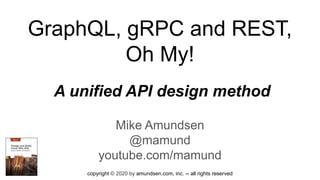copyright © 2020 by amundsen.com, inc. -- all rights reserved
GraphQL, gRPC and REST,
Oh My!
Mike Amundsen
@mamund
youtube.com/mamund
A unified API design method
 