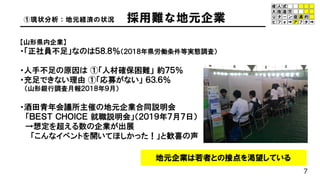 地元企業は若者との接点を渇望している
7
①現状分析：地元経済の状況 採用難な地元企業
【山形県内企業】
・「正社員不足」なのは５８.８％（２０１８年県労働条件等実態調査）
・人手不足の原因は ①「人材確保困難」 約７５％
・充足できない理由 ①「応募がない」 ６３.６％
（山形銀行調査月報２０１８年９月）
・酒田青年会議所主催の地元企業合同説明会
「ＢＥＳＴ ＣＨＯＩＣＥ 就職説明会」（２０１９年７月７日）
→想定を超える数の企業が出展
「こんなイベントを開いてほしかった！」と歓喜の声
 