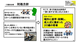 ◎やるべきこと：
県外転出者に対し、
Ｕターンの選択肢を印象付ける
◎ターゲット：
域外に進学・就職し、
成人式に集まった
２０歳の若者
そこで、多くの地元出身者が
一堂に会する「成人式」に注目！
9
①現状分析 対処方針
◎しかし現状は…：
Ｕターンを考えていない県外転出者に
アプローチする機会がほとんど無い
（あるのは
“Ｕターン希望者向けの”説明会→）
２０歳は一般に…
大学進学者→就活目前
高卒就職者→離職多数
これらの若者にアピールできる
最大のチャンス！
 