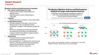 ULTRA-SCALE AIOPS LAB 25
Related Research
Facebook
https://blog.acolyer.org/2015/10/07/the-mystery-machine-end-to-end-performance-analysis-of-large-scale-internet-services/
https://www.usenix.org/system/files/conference/osdi14/osdi14-paper-chow.pdf
Measure end-to-end performance of requests
 Infer causal relationships from logs
‒ Adding instrumentation retroactively is an
expensive task
‒ Hypothesize and confirm relationships in
messages
 Log Data
‒ Request & host id, timestamp, unique event label
 Finding Relationships
‒ Samples requests, store logs in Hive and run
Hadoop jobs to infer causal relationships
‒ 2h Hadoop to analyze 1.3M requests sampled 30
days
‒ Assumesa hypothesized relationshipbetween
two segmentsuntil finding a counterexample
‒ 3 types of relationship inferred: happens-before,
mutual exclusion, pipeline
 Applications
‒ Find critical path and slack segments for
performance optimization
‒ Anomaly detection: 1) select top 5% of end-to-end
latency, 2) identify segmentswith proportionally
greater representation in the outlier set of
requests than in the non-outlier set.
As the number of traces analyzed increases, the observation of new counter
examples diminishes, leaving behind only true relationships
 