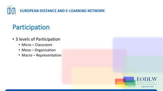 Participation
• 3 levels of Participation
• Micro – Classroom
• Meso – Organisation
• Macro – Representation
 