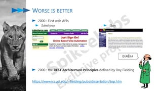 WORSE IS BETTER
2000 : First web APIs
Salesforce
2000 : the REST Architecture Principles defined by Roy Fielding
https://www.ics.uci.edu/~fielding/pubs/dissertation/top.htm
Ebay
EURÊKA
 