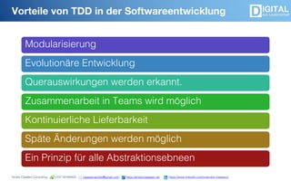 André Claaßen Consulting 0157 50188423 claassenandre@gmail.com https://andreclaassen.de https://www.linkedin.com/in/andre-claassen/
Modularisierung
Evolutionäre Entwicklung
Querauswirkungen werden erkannt.
Zusammenarbeit in Teams wird möglich
Kontinuierliche Lieferbarkeit
Späte Änderungen werden möglich
Ein Prinzip für alle Abstraktionsebneen
Vorteile von TDD in der Softwareentwicklung
 
