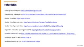 Company Confidential
Referêcias
LoRa segundo a Wekipedia: https://pt.wikipedia.org/wiki/LoRa
LoRaWAN pela LoRa Alliance: https://lora-alliance.org/sites/default/files/2018-04/what-is-lorawan.pdf
Quadrar Tecnologia: https://quadrar.com.br
Quadrar Tecnologia no Linkedin: https://www.linkedin.com/company/quadrartecnologia/
Quadrar Tecnologia no Youtube: https://www.youtube.com/channel/UC3zlF7_kq0bqnCLDcLuwKrg
Repositório da Quadrar Tecnologia no GitHub: https://github.com/QuadrarTecnologia/LoRaOne
LoRaONE no Mercado Livre: https://produto.mercadolivre.com.br/MLB-1432558473-modulo-lorawan-_JM?quantity=1.
Application Server da Tago.io: https://tago.io/
Network Server da Everynet: https://ns.atc.everynet.io/login
 