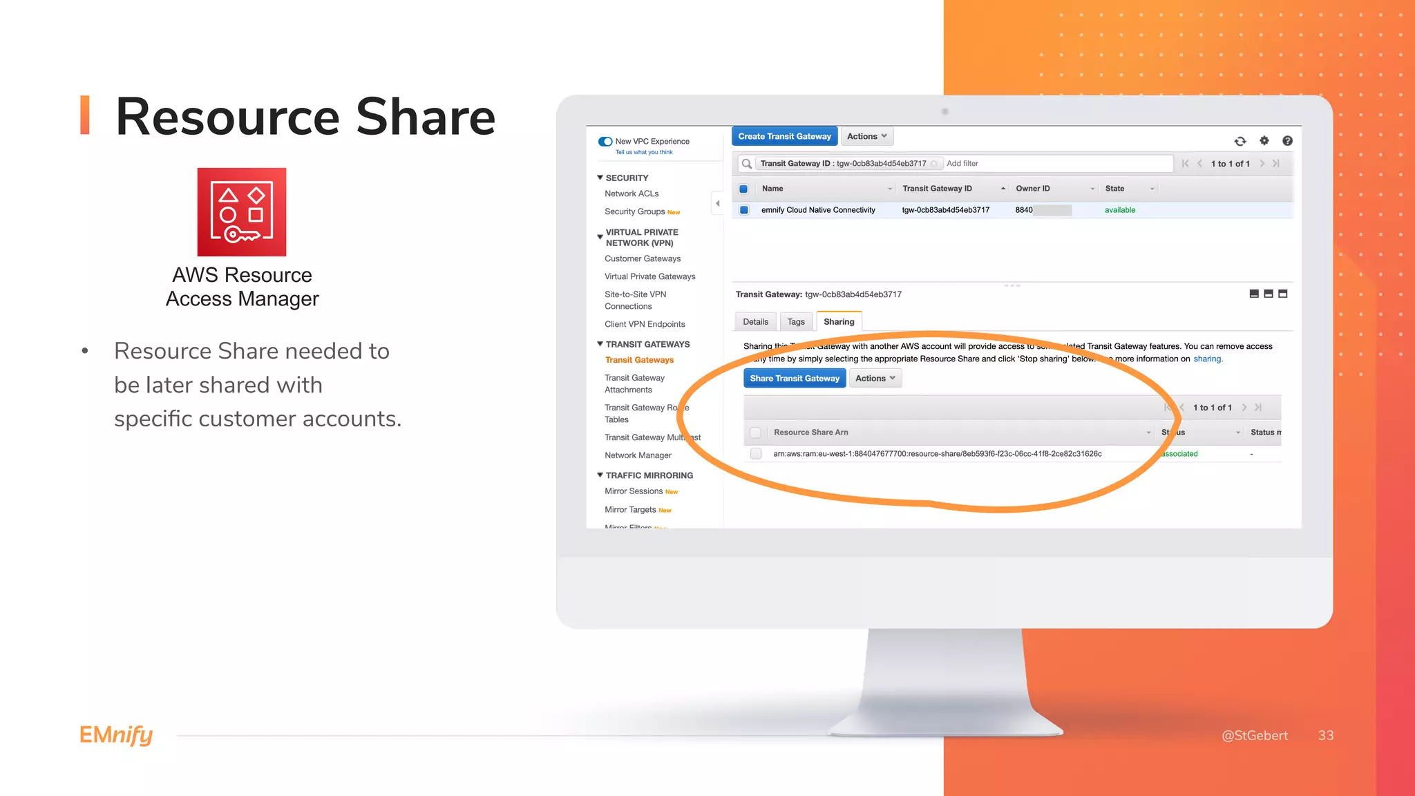 • Resource Share needed to
be later shared with
speciﬁc customer accounts.
Resource Share
AWS Resource
Access Manager
 