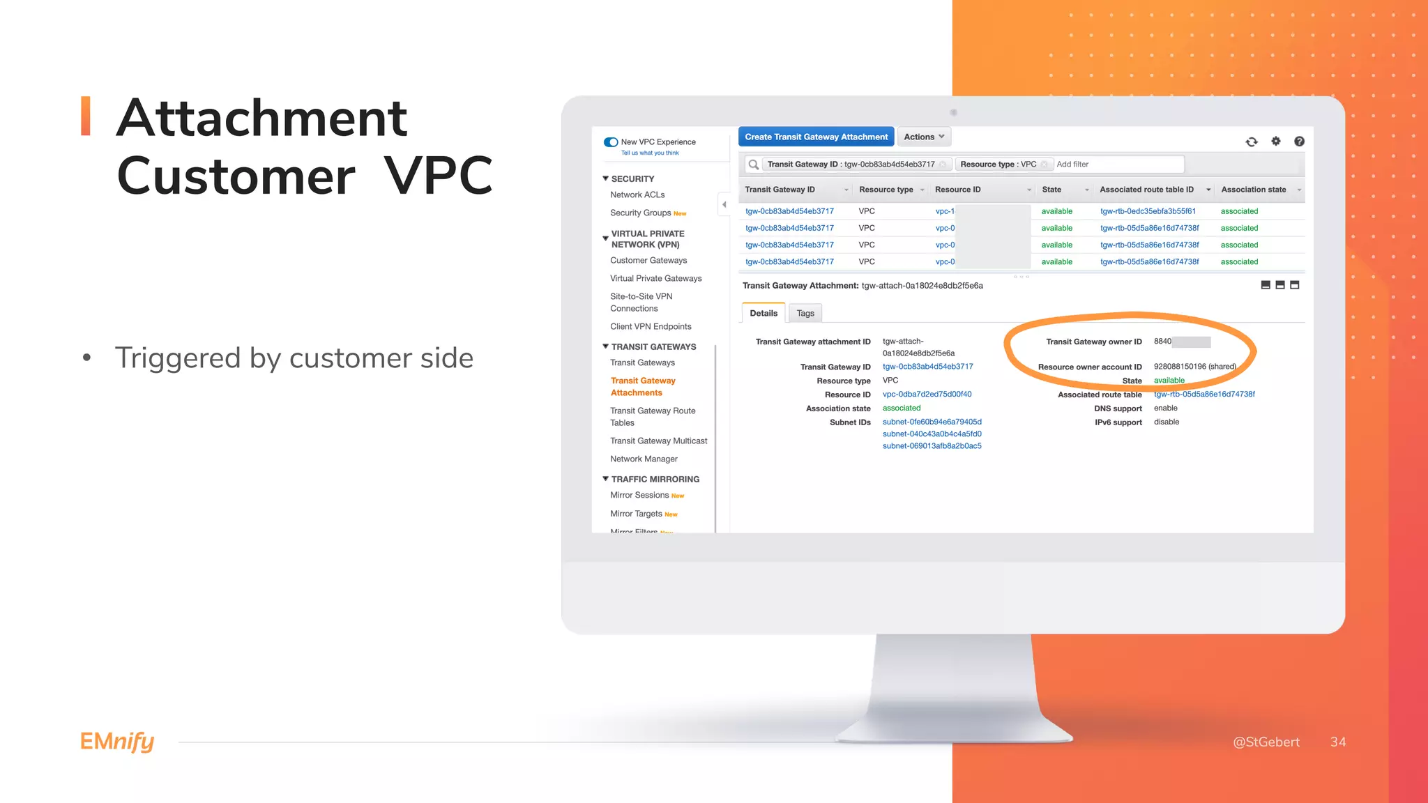 • Triggered by customer side
Attachment
Customer VPC
 